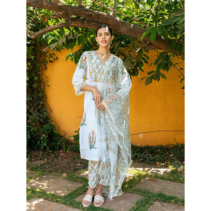 Maison Shefali White and Yellow Hand Block Printed Kurta Pants & Dupatta (Set of 3)