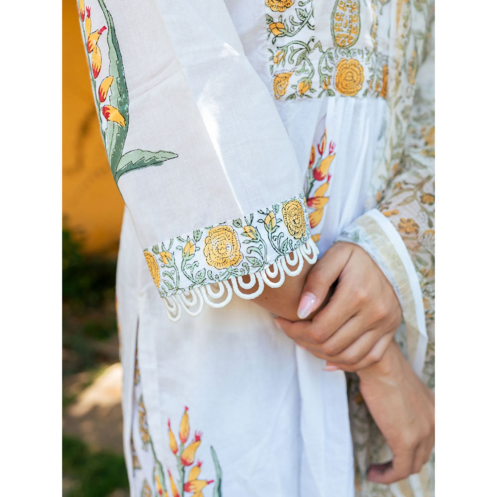 Maison Shefali White and Yellow Hand Block Printed Kurta Pants & Dupatta (Set of 3)