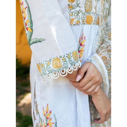 Maison Shefali White and Yellow Hand Block Printed Kurta Pants & Dupatta (Set of 3)