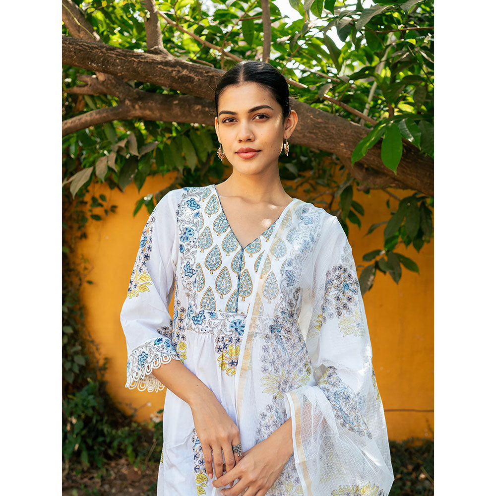 Maison Shefali White & Blue Hand Block Printed Kurta and Pants with Dupatta (Set of 3)