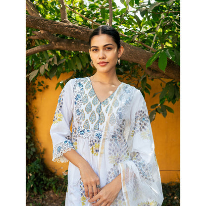 Maison Shefali White & Blue Hand Block Printed Kurta and Pants with Dupatta (Set of 3)