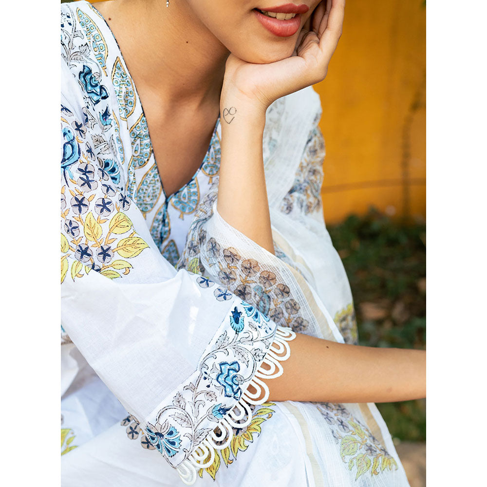 Maison Shefali White & Blue Hand Block Printed Kurta and Pants with Dupatta (Set of 3)