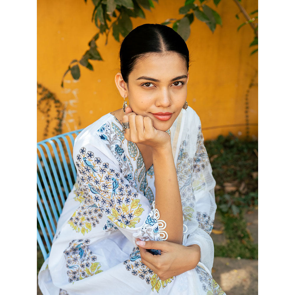 Maison Shefali White & Blue Hand Block Printed Kurta and Pants with Dupatta (Set of 3)