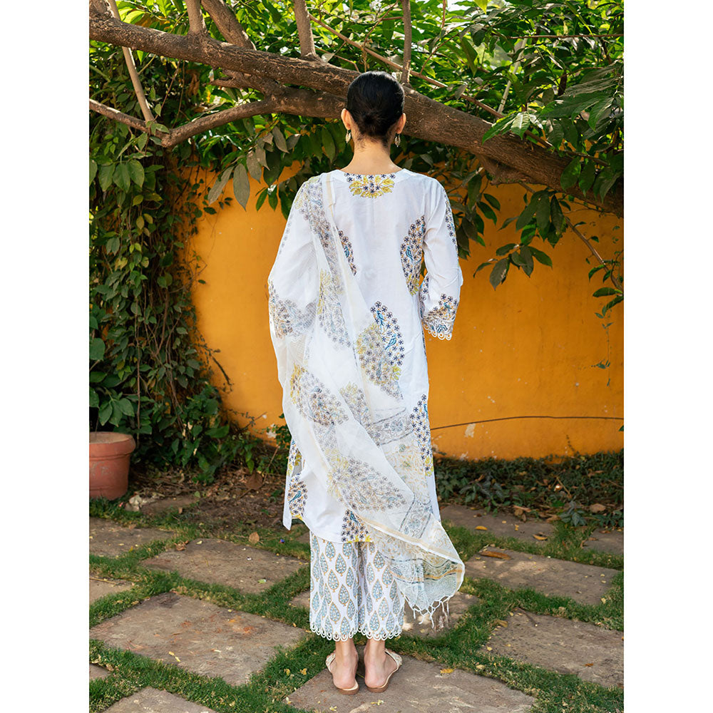 Maison Shefali White & Blue Hand Block Printed Kurta and Pants with Dupatta (Set of 3)