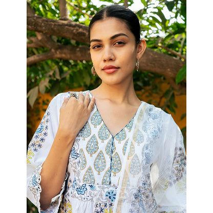 Maison Shefali White & Blue Hand Block Printed Kurta and Pants with Dupatta (Set of 3)