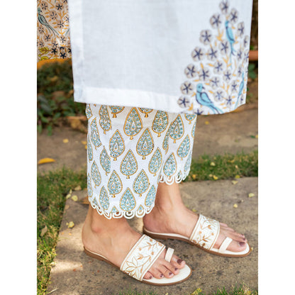 Maison Shefali White & Blue Hand Block Printed Kurta and Pants with Dupatta (Set of 3)