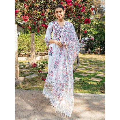 Maison Shefali White & Pink Hand Block Printed Kurta and Pants with Dupatta (Set of 3)
