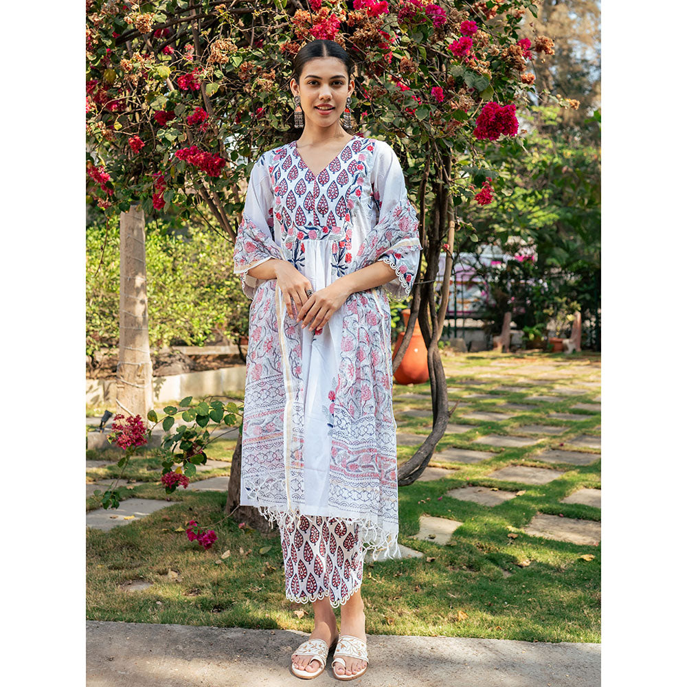 Maison Shefali White & Pink Hand Block Printed Kurta and Pants with Dupatta (Set of 3)