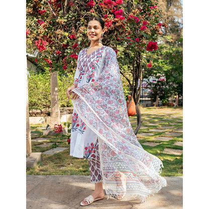 Maison Shefali White & Pink Hand Block Printed Kurta and Pants with Dupatta (Set of 3)
