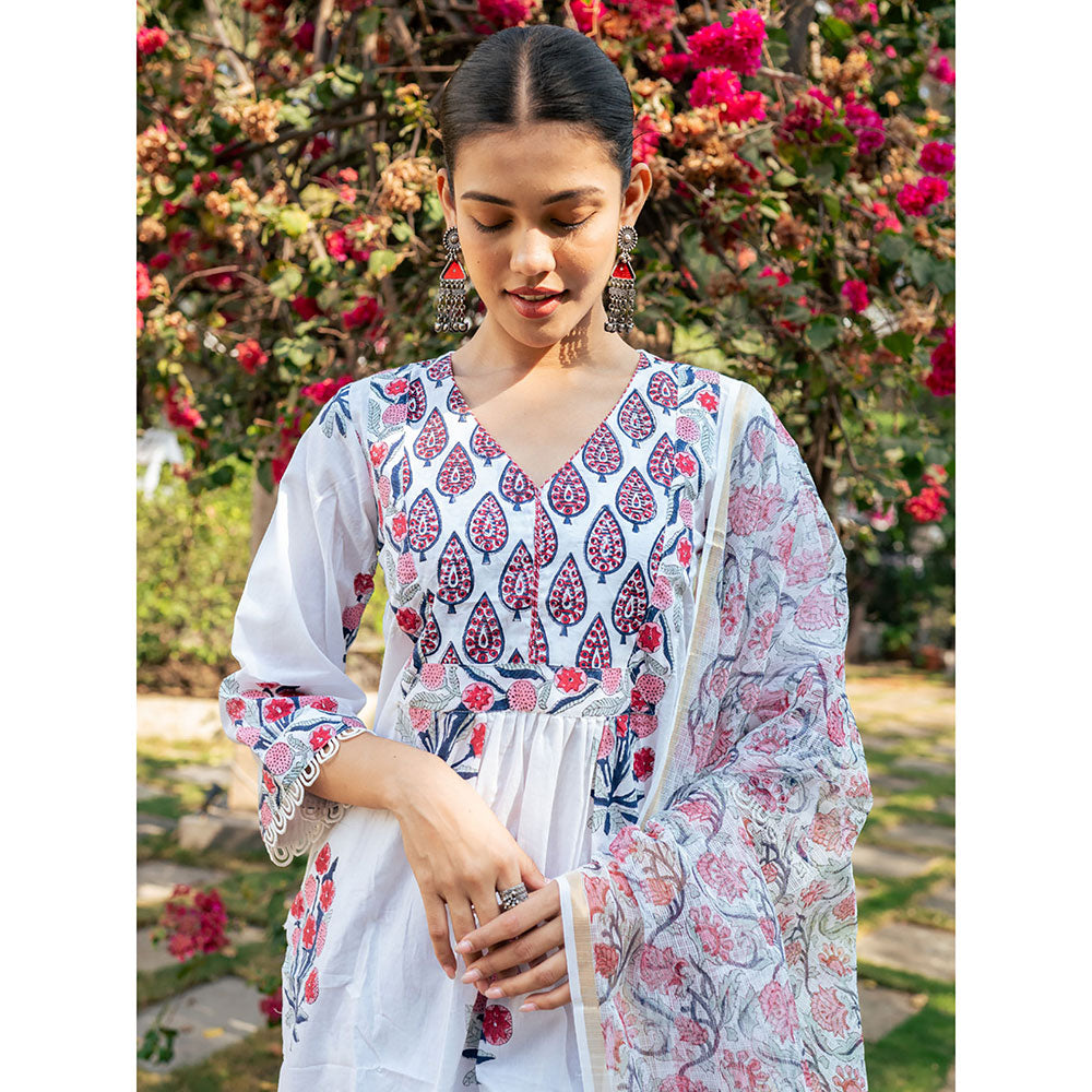Maison Shefali White & Pink Hand Block Printed Kurta and Pants with Dupatta (Set of 3)