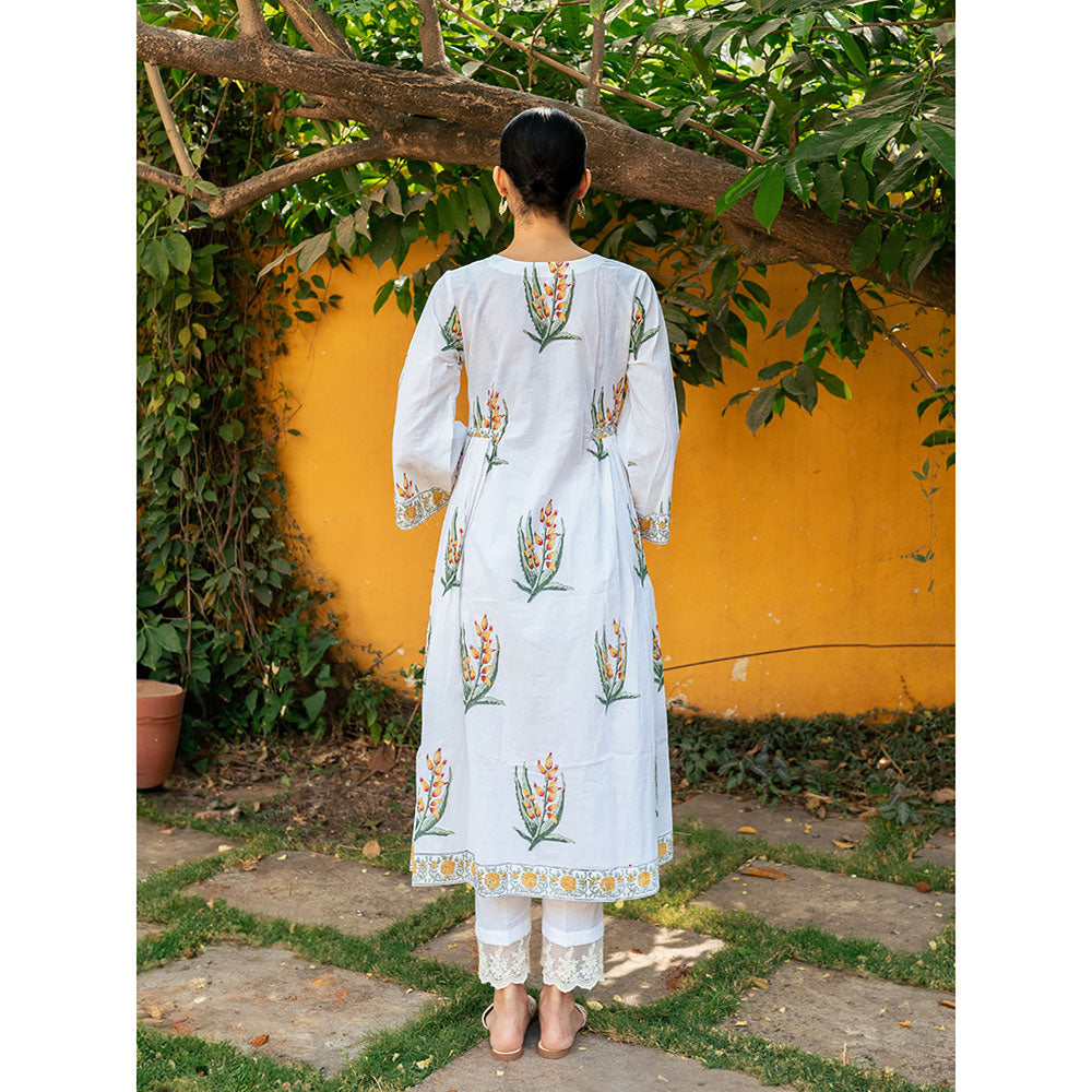 Maison Shefali Yellow and White Hand Block Printed Bhopali Kurta with Pants (Set of 2)