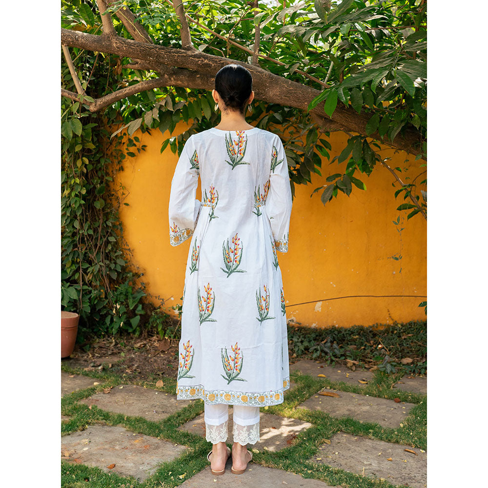 Maison Shefali Yellow and White Hand Block Printed Bhopali Kurta with Pants (Set of 2)