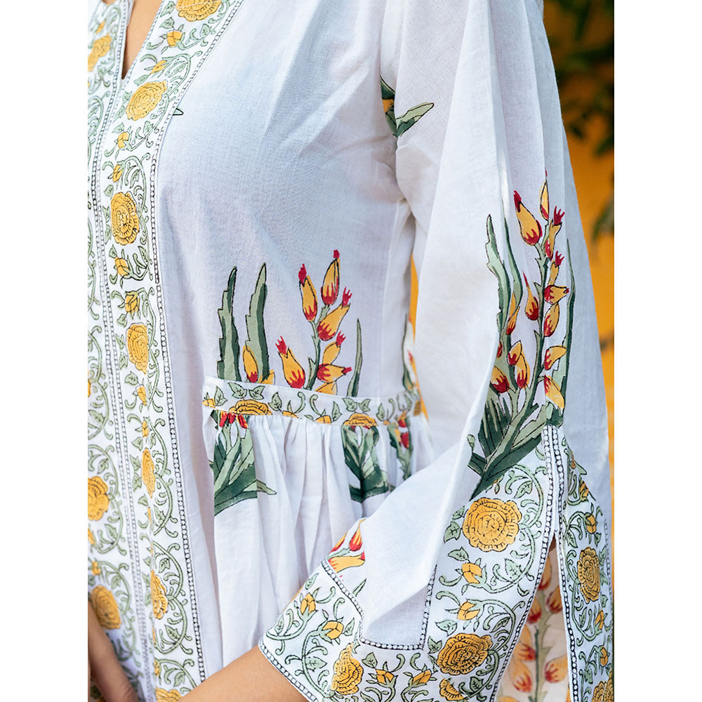 Maison Shefali Yellow and White Hand Block Printed Bhopali Kurta with Pants (Set of 2)