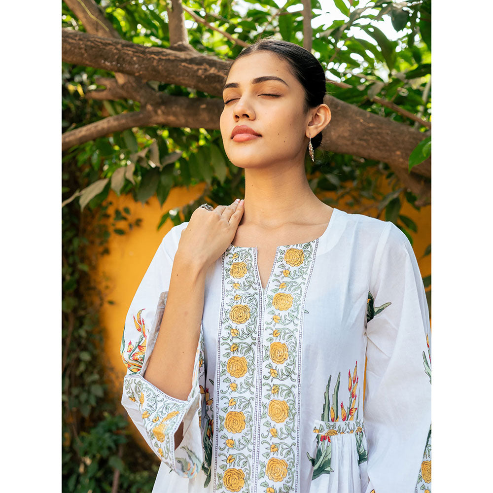 Maison Shefali Yellow and White Hand Block Printed Bhopali Kurta with Pants (Set of 2)