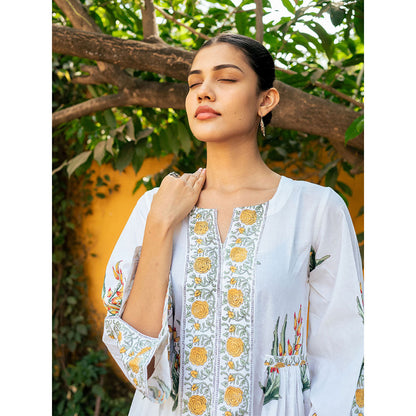 Maison Shefali Yellow and White Hand Block Printed Bhopali Kurta with Pants (Set of 2)