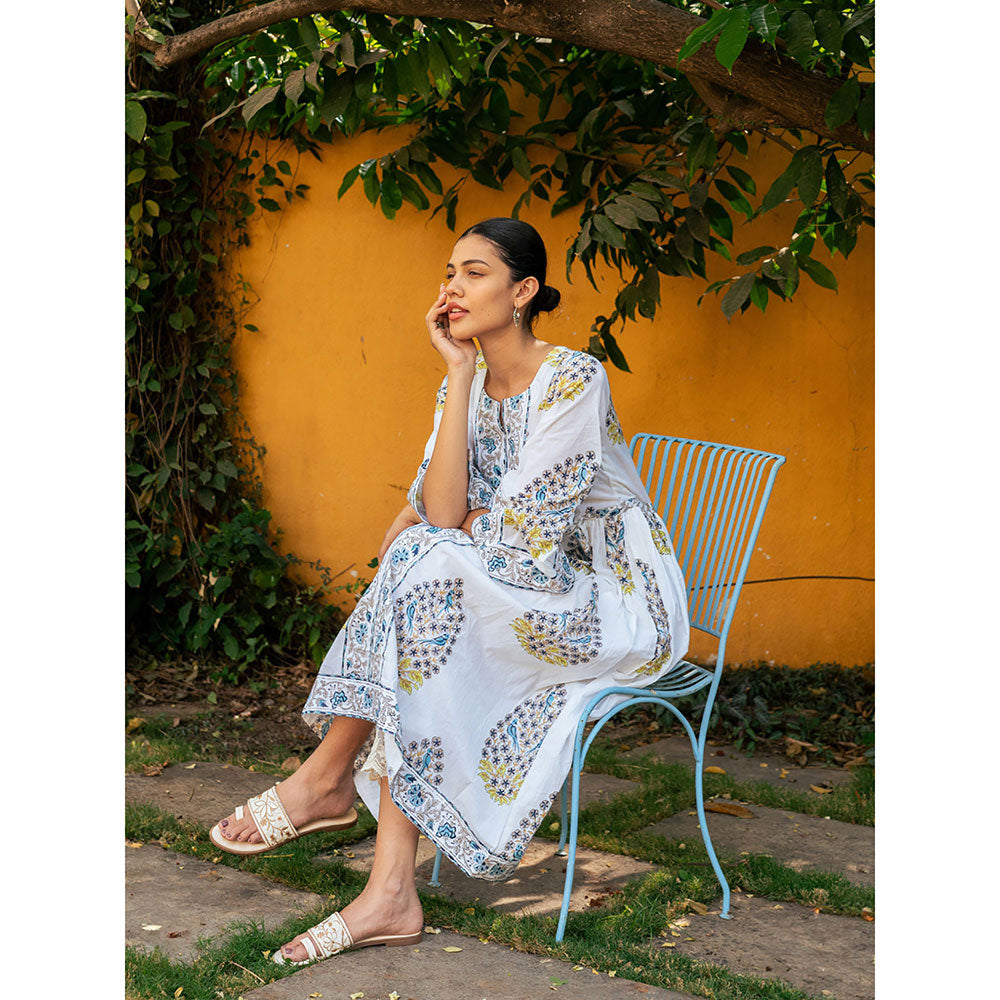 Maison Shefali Blue and White Hand Block Printed Bhopali Kurta with Pants (Set of 2)