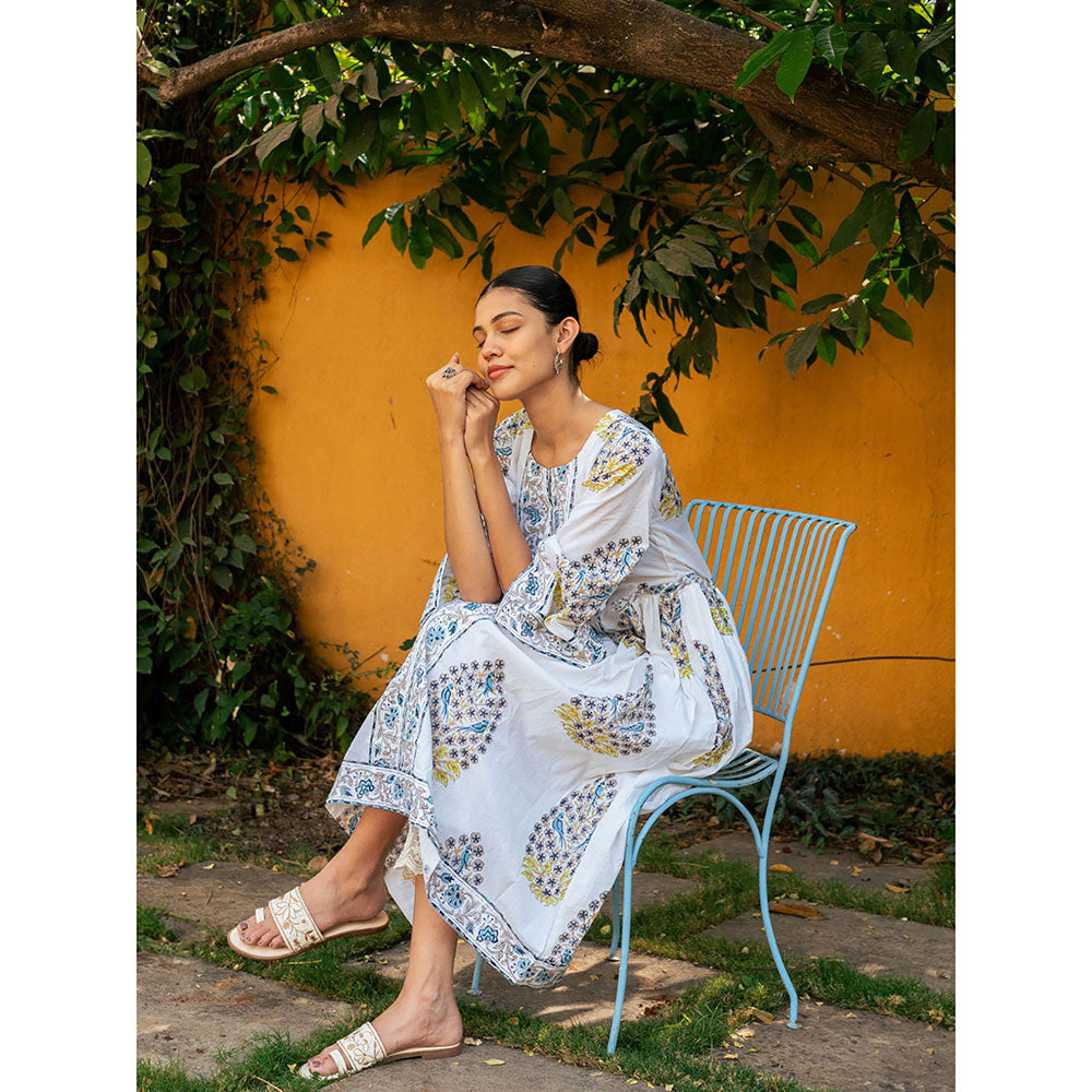 Maison Shefali Blue and White Hand Block Printed Bhopali Kurta with Pants (Set of 2)