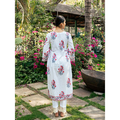 Maison Shefali Pink and White Hand Block Printed Bhopali Kurta with Pants (Set of 2)