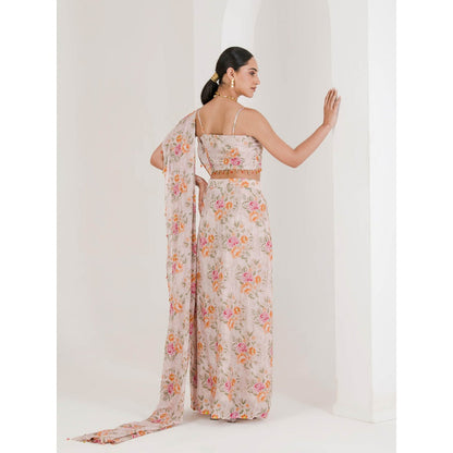 Maive Blush Pink Floral Print Pre Stitched Saree With Stitched Blouse