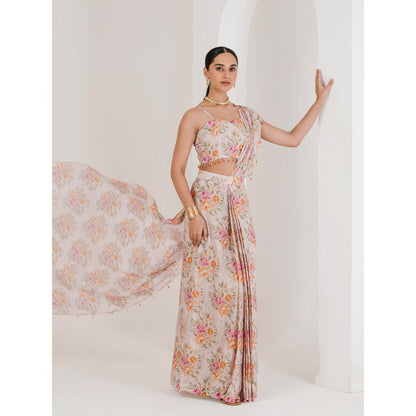 Maive Blush Pink Floral Print Pre Stitched Saree With Stitched Blouse