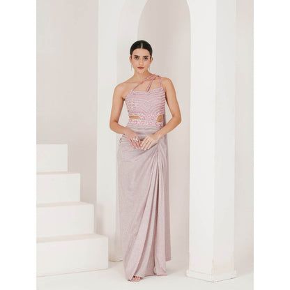 Maive Shimmer Pink Embroidered Pre Stitched Saree With Stitched Blouse