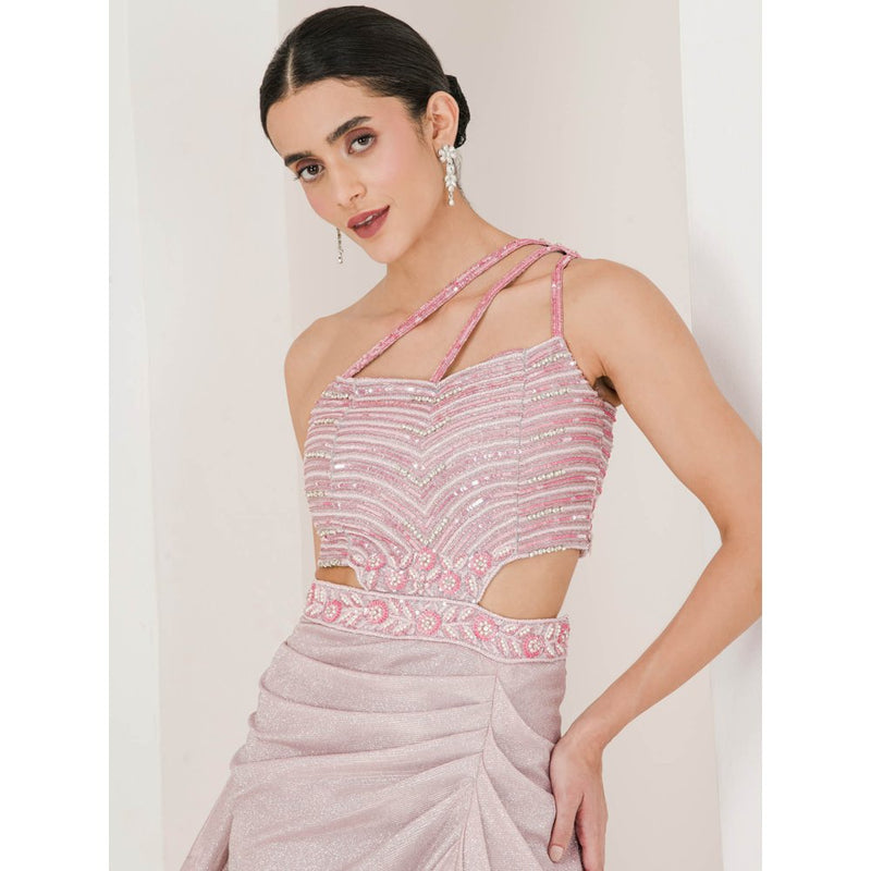 Maive Shimmer Pink Embroidered Pre Stitched Saree With Stitched Blouse