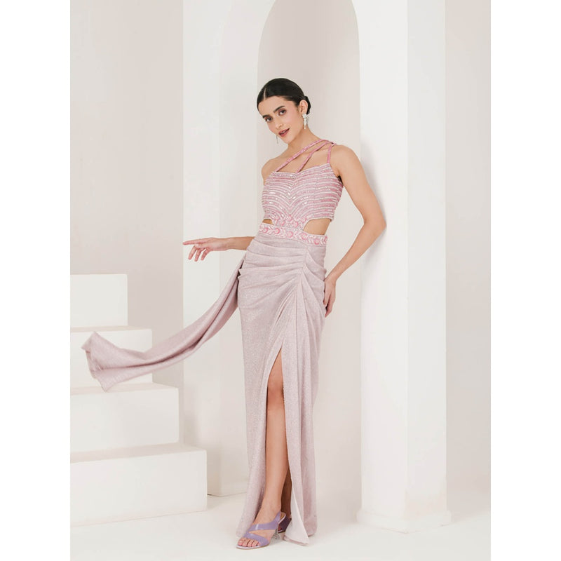 Maive Shimmer Pink Embroidered Pre Stitched Saree With Stitched Blouse