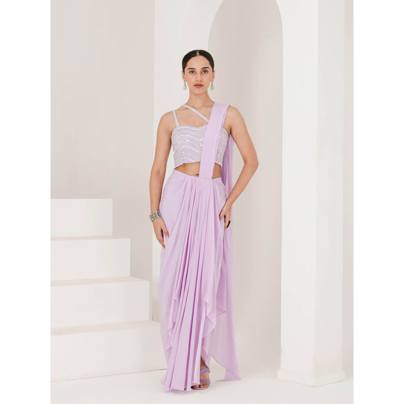 Maive Lilac Hand Embroidered Pre Stitched Saree With Stitched Blouse