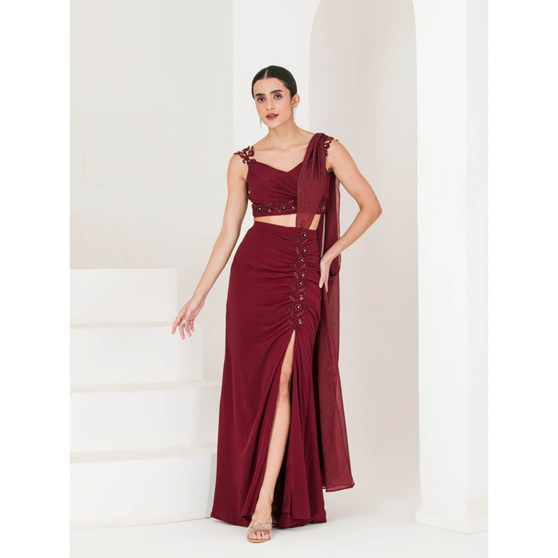 Maive Maroon Hand Embroidered Pre Stitched Saree With Stitched Blouse