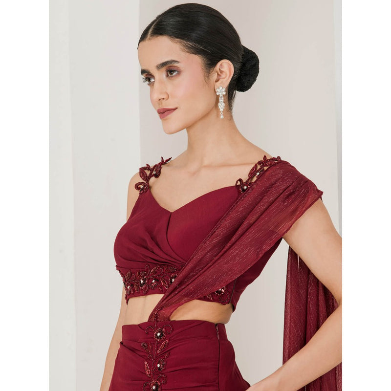 Maive Maroon Hand Embroidered Pre Stitched Saree With Stitched Blouse