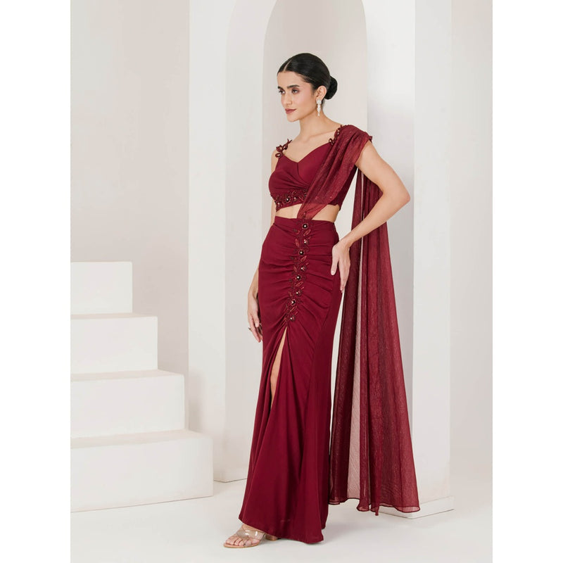 Maive Maroon Hand Embroidered Pre Stitched Saree With Stitched Blouse
