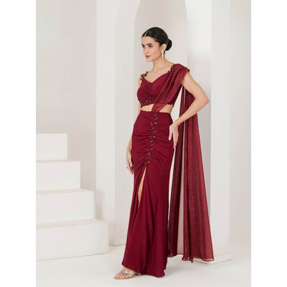 Maive Maroon Hand Embroidered Pre Stitched Saree With Stitched Blouse
