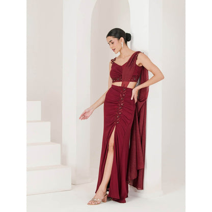 Maive Maroon Hand Embroidered Pre Stitched Saree With Stitched Blouse