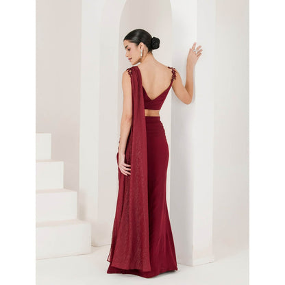 Maive Maroon Hand Embroidered Pre Stitched Saree With Stitched Blouse