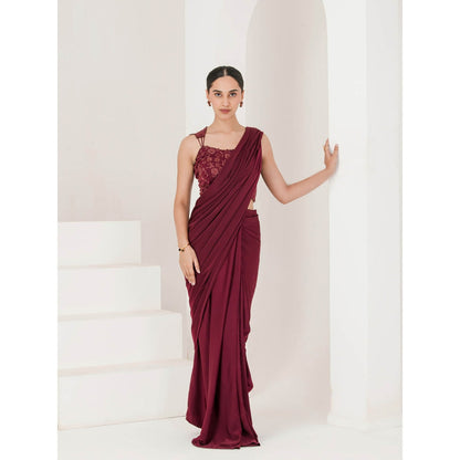 Maive Wine Hand Embroidered Pre Stitched Saree With Stitched Blouse
