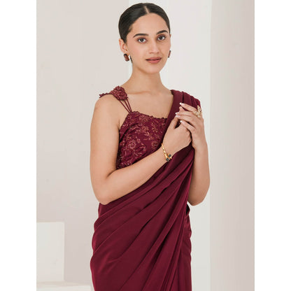 Maive Wine Hand Embroidered Pre Stitched Saree With Stitched Blouse