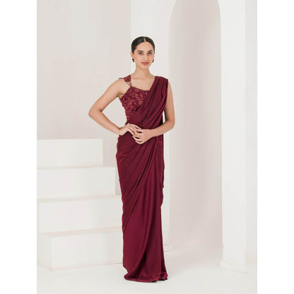 Maive Wine Hand Embroidered Pre Stitched Saree With Stitched Blouse