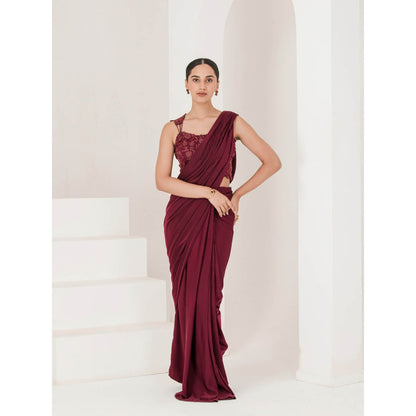 Maive Wine Hand Embroidered Pre Stitched Saree With Stitched Blouse