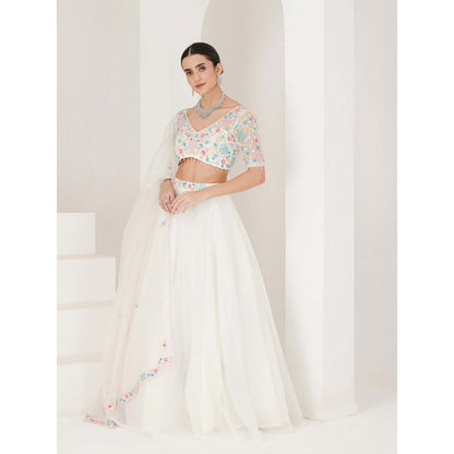 Maive White Floral Hand Embroidered Lehenga with Blouse and Dupatta (Set of 3)