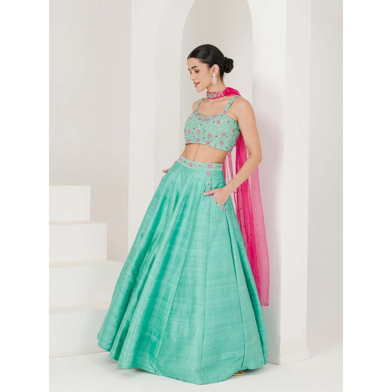 Maive Sea Green Hand Embroidered Lehenga with Blouse and Dupatta (Set of 3)