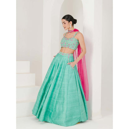 Maive Sea Green Hand Embroidered Lehenga with Blouse and Dupatta (Set of 3)