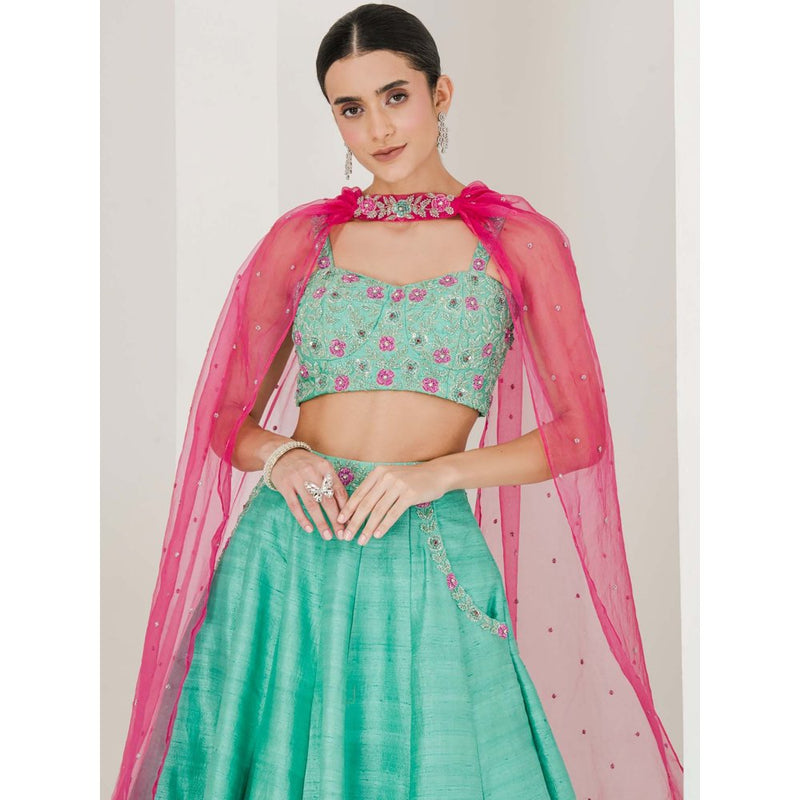 Maive Sea Green Hand Embroidered Lehenga with Blouse and Dupatta (Set of 3)
