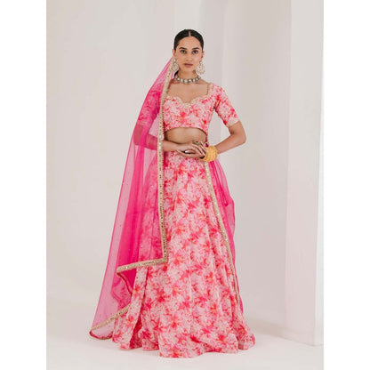 Maive Pink Floral Print Embroidered Lehenga with Blouse and Dupatta (Set of 3)