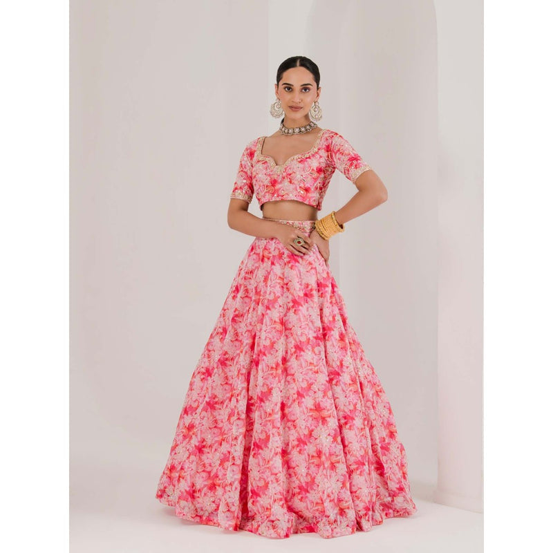 Maive Pink Floral Print Embroidered Lehenga with Blouse and Dupatta (Set of 3)