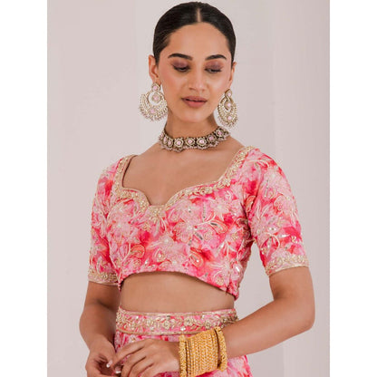 Maive Pink Floral Print Embroidered Lehenga with Blouse and Dupatta (Set of 3)