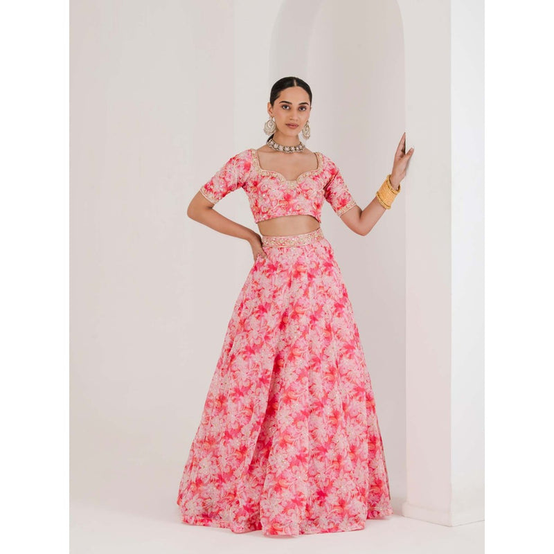 Maive Pink Floral Print Embroidered Lehenga with Blouse and Dupatta (Set of 3)