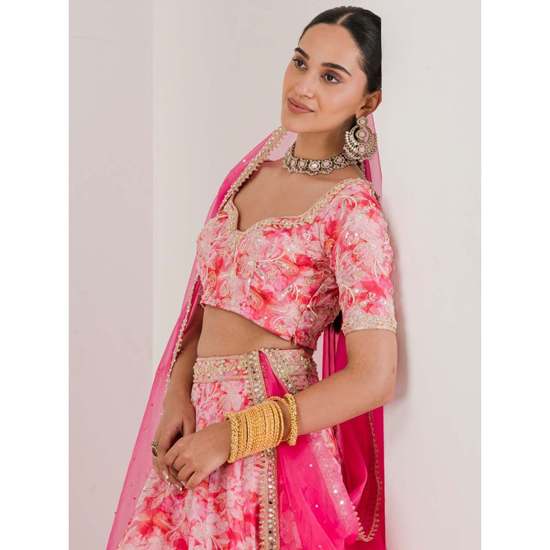 Maive Pink Floral Print Embroidered Lehenga with Blouse and Dupatta (Set of 3)