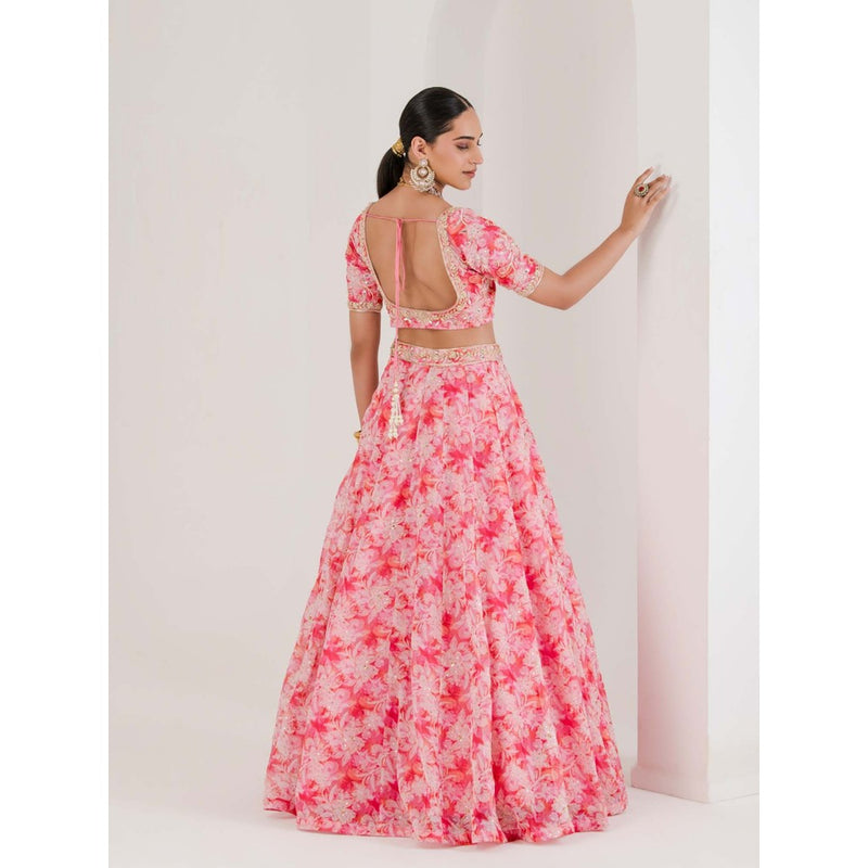 Maive Pink Floral Print Embroidered Lehenga with Blouse and Dupatta (Set of 3)