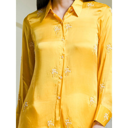 Maive Sunshine Yellow Satin Embroidered Co-Ord (Set of 2)