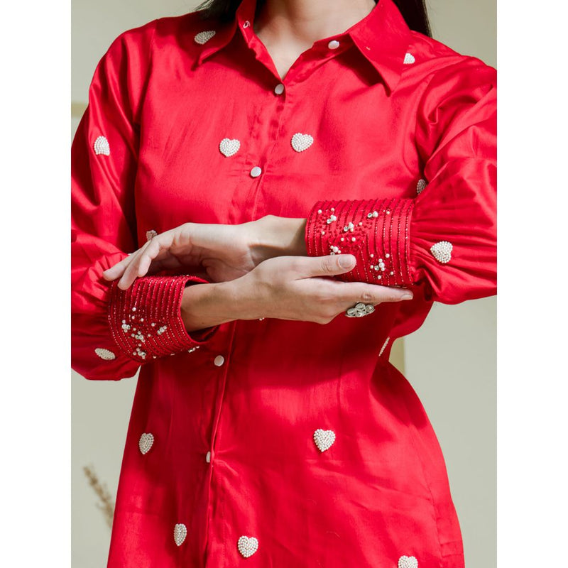 Maive Crimson Red Heart Embroidered Co-Ord (Set of 2)